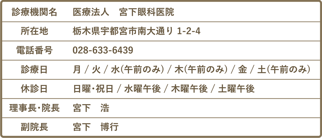 宮下眼科医院の医院概要です。診療機関名、所在地などを掲載しています。