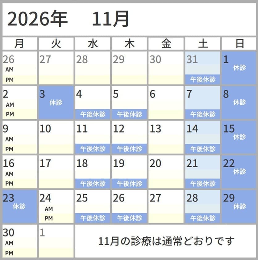 2026年11月の診察予定　通常通りの診察です　宮下眼科医院